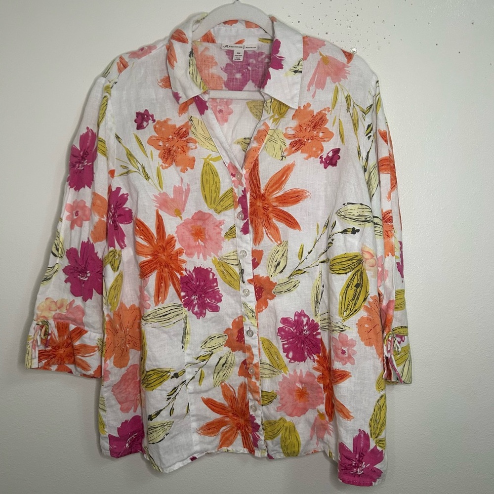 JM Collection 100% linen floral button down top